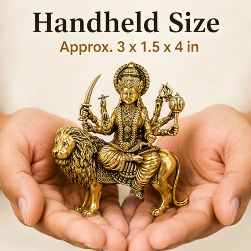 Brass Sherawali Vaishno devi Ma Durga Statue with Lion Mount Height 4" inch (Approx.) , Antique Gold Finish, Religious Hindu Idol for home temple mandir pooja room or home decor , navratri durga pooja