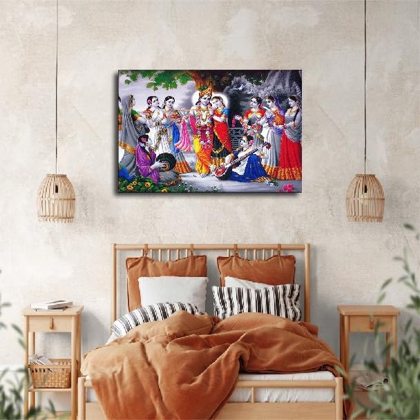 Radha Krishna with Ashta Sakhi Gopis Canvas Wall Art Poster Decor for Living Room and Bedroom Wall Modern Home Artworks (Frame 24in*36in) - size: Frame 24in*36in