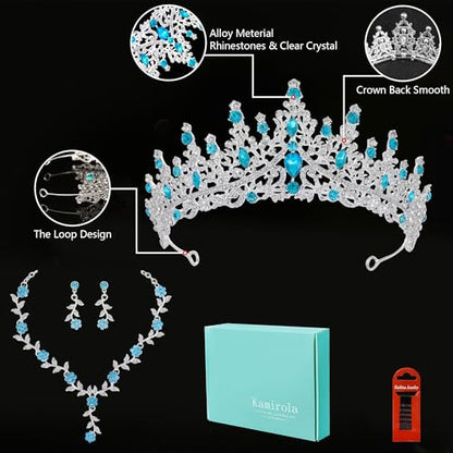 Kamirola Tiaras and Crowns for Women,Tiaras Earrings Necklace, Crystal Bridal Jewelry Set (TR48) - color: Silver Lack Blue