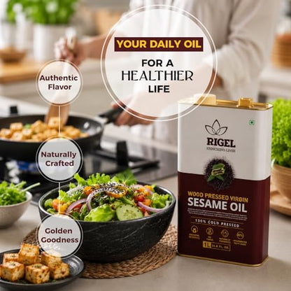 Rigel Spices | Naturally Milled Cold Pressed Sesame Oil in a Eco-Friendly Tin 169 fl oz(5L Tin) | No Preservatives - size: 169 Fl Oz (Pack of 1)