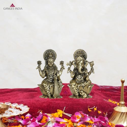 Gangesindia® Premium Brass Lakshmi Ganesha Idols, Lord Laxmi Ganesh Statue for Home & Office Temple, Room Decoration, Diwali Pooja, House Warming Best Gift