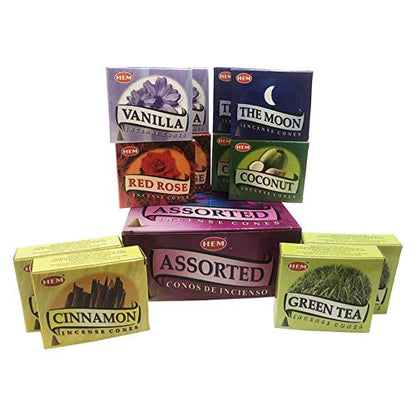 Hem Incense Cones Variety Pack #1 and Cone Incense Burner Bundle with 6 Unique Fragarances - color: Popular Cones