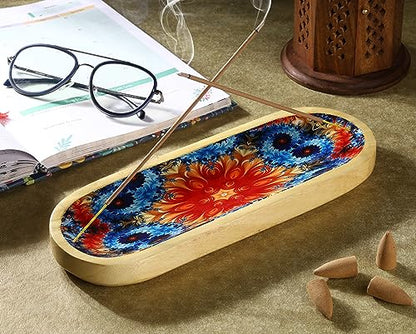 Bless-International Traditional-Handmade-Tray-Burner Wooden-Trat-Incense-Stick-Holder Ash-Catcher-Stand for-Aromatherapy-Meditation-Yoga 11x4x1.22 Inches (Abstract Flowers) - color: Abstract Flowers
