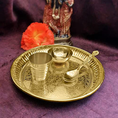 Satvik Brass 4 Pc Bhog Thali Set for Laddu Gopal with Glass, Bowl and Pooja Spoon for Home and Temple Kanha Ji Bhog Plate Set (Large) - size: Large