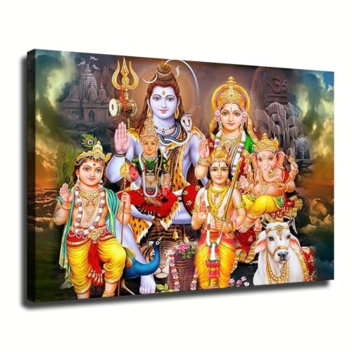 Shiva Family Canvas Wall Art Hindu Deity Poster (Framed,28x40 inch) - size: 28x40 inch