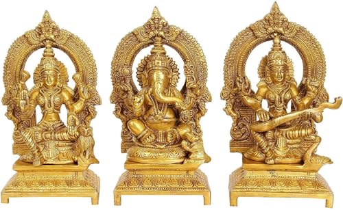 Whitewhale Brass Hindu God Ganesha and Goddess Laxmi Saraswati Idol Statue Murti