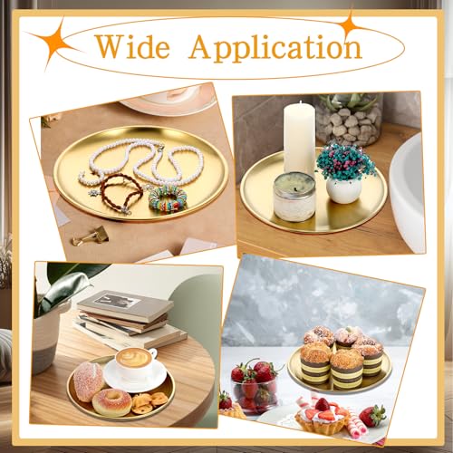 4 Pcs Gold Tray, Round Gold Tray Decorative Serving Jewelry Bar Jewelry Dish Key Bowl Mirror Dresser Decoration Vanity Trays Makeup Organizer for Bathroom Candle Perfume Countertop (9 Inch)
