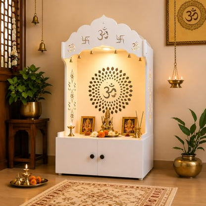 Om Chakra Floor Temple with Spacious Wooden Shelf Inbuilt Focus Light Finish, 38 inch, 57 cm White - color: White2, size: Large