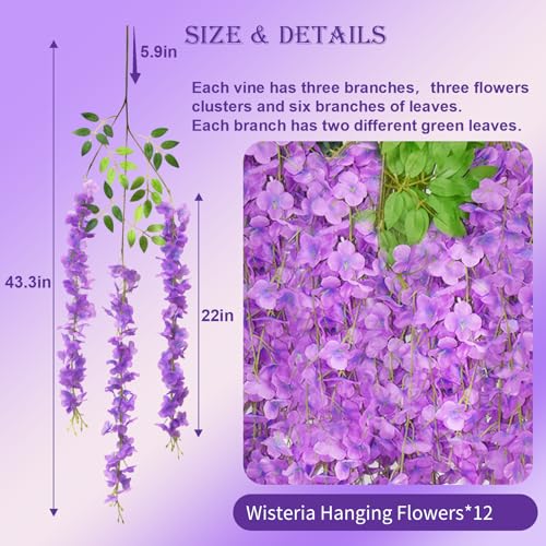 Wisteria Hanging Flowers, 12 Pcs Artificial Wisteria Garland Flower Vines - color: Light Purple, size: 12 Pack