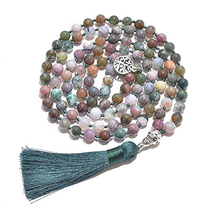 108 Mala Prayer Beads Necklace Natural Stones Meditation Yoga Jewery 108 Hand Knotted Japa Mala Beaded Long Tassel Necklace with Tree of Life Pendant for Men and Women - color: 8mm Indian Agate