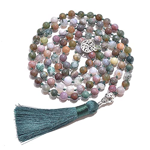 108 Mala Prayer Beads Necklace Natural Stones Meditation Yoga Jewery 108 Hand Knotted Japa Mala Beaded Long Tassel Necklace with Tree of Life Pendant for Men and Women - color: 8mm Indian Agate