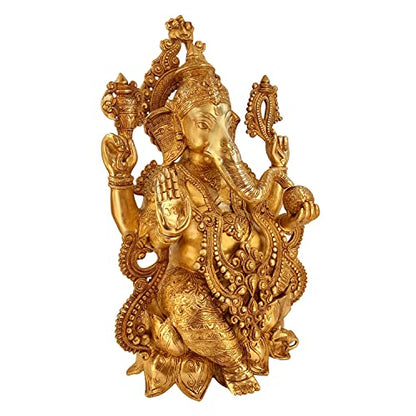 Big Brass Ganesha Idol Sitting On Lotus Bhagwan Mangalkari Ganesh Statue Ganpati Murti for Home Entrance Decor Diwali Gift Height 21 Inches