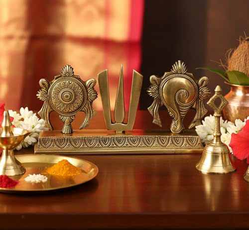 eSplanade Brass Shankh Chakra Namah Showpiece | Shankha Chakra Tilak | Shankha Gada Padma | Padmanabha Swami | Vishnu | Home Decor (8.75 Inches)