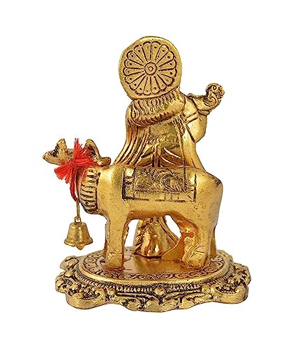 Krishna Idol with Kamdhenu Cow Made of Metal Krishanji Statue Traditional Antique Finish Figurine for Home Office Temple Decoration Puja Murti Housewarming & Janmashtami Gift (9 CM)
