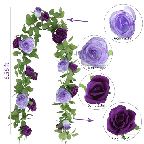 GREENTIME 2Pack Mixed Purple Flower Garland Each 6.5FT Fake Rose Garland - color: Light Dark Purple