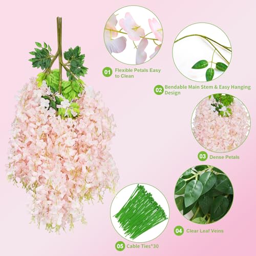 Wisteria Hanging Flowers, 24 Pcs Artificial Wisteria Garland Flower Vines - color: Light Pink, size: 24 Pack