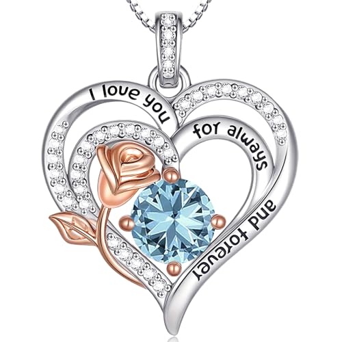 Birthstone Heart Necklaces Jewelry Gifts for Women - color: 03-Mar-Birthstone