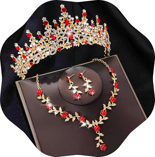 Kamirola Tiaras and Crowns for Women,Tiaras Earrings Necklace, Crystal Bridal Jewelry Set (TR48) - color: Gold Red
