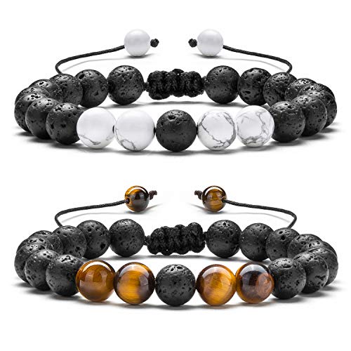 Men Women 8mm Lava Rock Aromatherapy Anxiety Essential Oil Diffuser Bracelet Braided Rope Natural Stone Yoga Gifts Beads Bracelet Bangle-21017 - style: Simulated Howlite & Tiger Eye