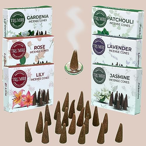 Trumiri Floral Incense Cones - Variety Pack - Total 60 Cone Incense (6 Scents x 10 Conos) - Rose, Lavender, Jasmin, Patchouli, Gardenia, Lily - Cone Incense Scents - Insense Cones - Incent Cone - color: Floral