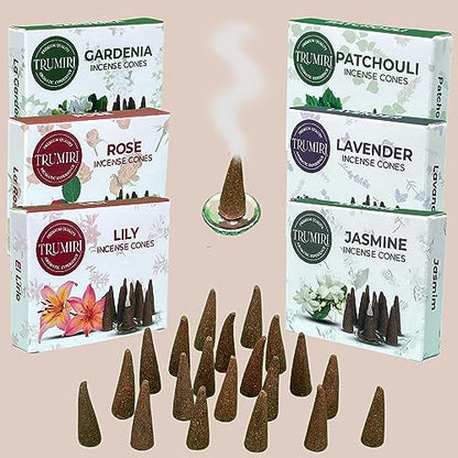 Trumiri Floral Incense Cones - Variety Pack - Total 60 Cone Incense (6 Scents x 10 Conos) - Rose, Lavender, Jasmin, Patchouli, Gardenia, Lily - Cone Incense Scents - Insense Cones - Incent Cone - color: Floral
