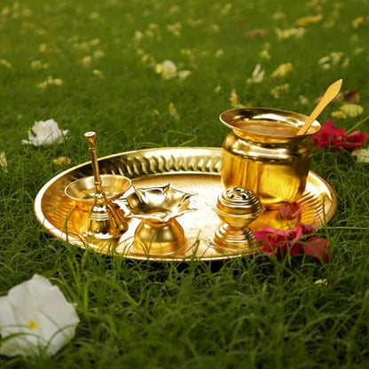 The Fine Living Co. Exquisite Gold Finish Pooja Thali 8.5 Inch, Set of 1 - style: Pooja Thali