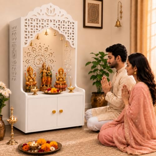 Pooja Mandir for Home in USA, Hindu Wooden Temple for Home, Indian Puja Mandir with Cabinet (White)