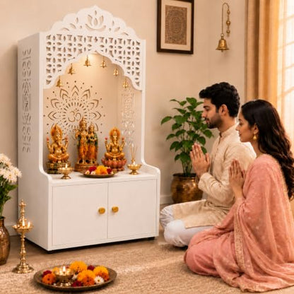 Pooja Mandir for Home in USA, Hindu Wooden Temple for Home, Indian Puja Mandir with Cabinet (White)