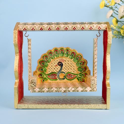 SATVIK Stunning Meenakari Jhula for Laddu Gopal – Elegant Golden Wooden Swing with Exquisite Enamel Finish