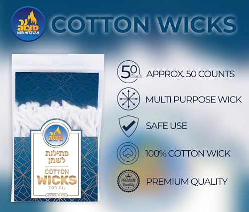 Ner Mitzvah Cotton Wicks – 50 Pack (Approx.) – for Oil Cup Candle Lighting, Easy to Use and Multipurpose