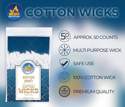 Ner Mitzvah Cotton Wicks – 50 Pack (Approx.) – for Oil Cup Candle Lighting, Easy to Use and Multipurpose