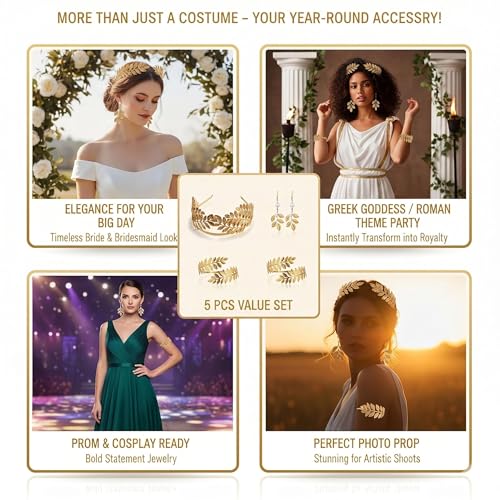5 Pcs Greek Goddess Costume Accessories Set for Women, Gold Laurel Leaf Crown Headband, Adjustable Leaf Arm Cuffs & Dangle Earrings, Roman Toga Party Costume Set for Bridal Wedding Halloween Cosplay - style: Classic