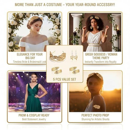 5 Pcs Greek Goddess Costume Accessories Set for Women, Gold Laurel Leaf Crown Headband, Adjustable Leaf Arm Cuffs & Dangle Earrings, Roman Toga Party Costume Set for Bridal Wedding Halloween Cosplay - style: Classic
