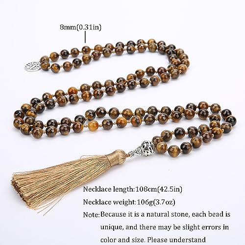 108 Mala Prayer Beads Necklace Natural Stones Meditation Yoga Jewery 108 Hand Knotted Japa Mala Beaded Long Tassel Necklace with Tree of Life Pendant for Men and Women - color: 8mm Tiger Eye