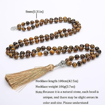 108 Mala Prayer Beads Necklace Natural Stones Meditation Yoga Jewery 108 Hand Knotted Japa Mala Beaded Long Tassel Necklace with Tree of Life Pendant for Men and Women - color: 8mm Tiger Eye