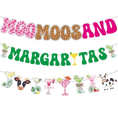 Moo Moos and Margaritas Party Decorations, Cow Print Banner Set - color: Moo Moos Margaritas