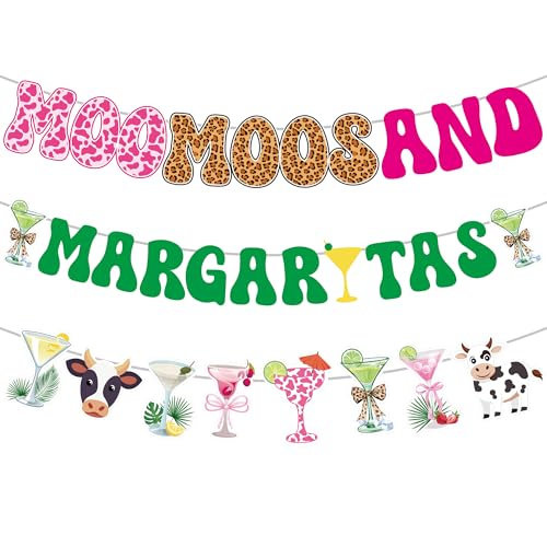 Moo Moos and Margaritas Party Decorations, Cow Print Banner Set - color: Moo Moos Margaritas