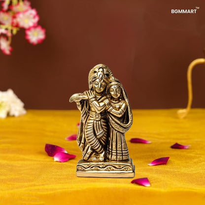 Antique Brass Radha Krishna Idol Small Decorative Murti for Home Mandir, Pooja & Spiritual Decor | Hindu God Statue for Gifting & Festive Decoration | 1.25" x 0.8" x 2.5 | 140g |