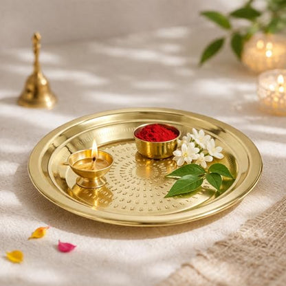 Spillbox Traditional Handcrafted Brass Puja | Pooja Thali | Arati | Arathi | Arthi | Arti | Arathi | Bartan Thambulam Plate -Thambalam Thali- (9 Inch) - size: 9 Inch