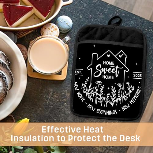 Housewarming Gifts Pot Holders with Pockets, House Warming Gifts Ideas, Home Sweet Home Oven Pot Holders Heat Resistant Oven Mitts Hot Pads for Kitchen Baking Cooking - color: Black Sweet Home-a