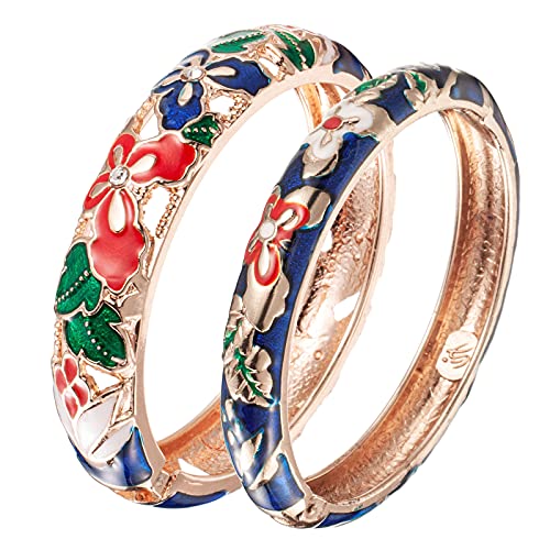UJOY Fashion Cloisonne Bracelets Plated Butterfly Filigree Enameled Womens Gifts Bangles Spring Hinged 88A09 - color: A09-Butterfly (2 Pcs Set)-NavyBlue