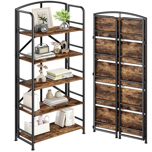 No Assembly,Folding Bookshelf 5 Tiers, Vintage Storage Rack,Rustic Brown - color: Firestone, size: 5-tier
