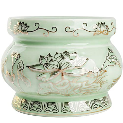 Houlu Small Green Ceramic Incense Burner Pot for Praying Buddha, Tibetan Buddhist Altar Worship Incense Censer - 4 Inches - color: Green