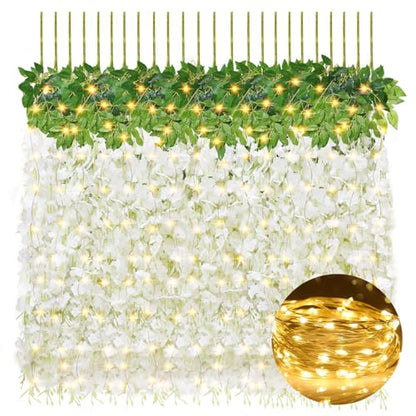 Wisteria Hanging Flowers with Lights, 12 Pcs Artificial Wisteria Garland - color: White With Lights, size: 12 Pack