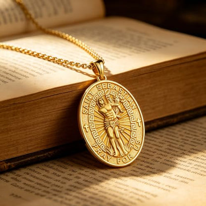 Silver/14K Gold Patron Saint Medal Amulet Necklace for Men Women - color: Gold, style: 17A-St Sebastian