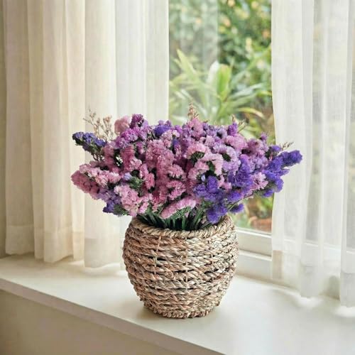 Preserved Forget Me Not & Natural Dried Purple Statice Flowers with Rattan Basket, Rustic Farmhouse Bouquet, Long Lasting Floral Centerpiece for Dining Table Home Decor Living Room