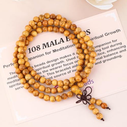AD Beads 6mm 8mm 108 Prayer Mala Jasper Elastic Bracelet - Handmade Yoga Meditation Healing Power Energy Gifts for Unisex Adult. - color: Gold Sandal wood (Peace)