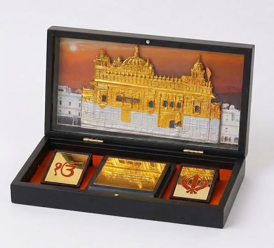 Golden Temple Khanda Ekonkar 24K Gold Plated Photo Frame Portable Pray Box Charan Paduka Pocket for Diwali, House Warming, Return Gifts, Puja Box. Sikh Pray Incriptions (Golden Temple 3D) - color: Golden Temple 3D