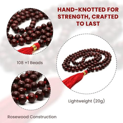 Japa Mala 108 + 1 Hand Knotted Meditation Rosary Natural Red Wood Rosewood Prayer Beads | Finger Counter for Pooja, Yoga, Original Buddhist Rosary