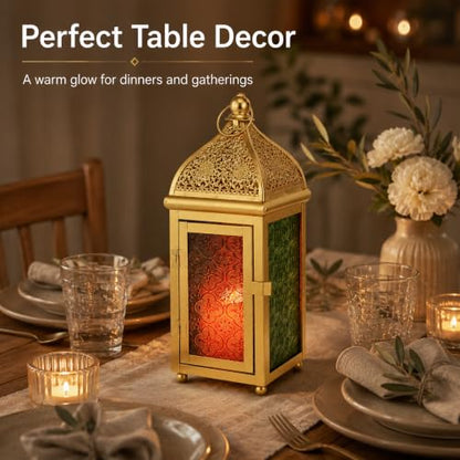 TRIROCKS 12 Inch Gold Moroccan Candle Lantern, Metal Hanging Candle Holder - size: 5*12"H
